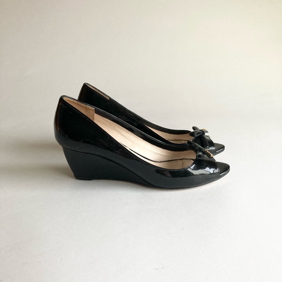 Prada Black Patent Leather Bow Logo Open Toe Wedges size EUR 38, US 7.5 - Picture 2 of 16